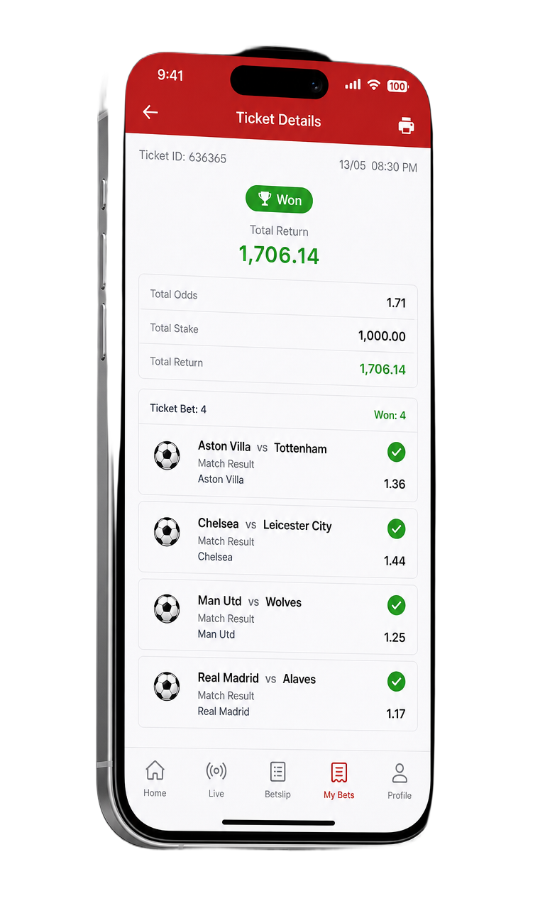 Winning Instant Football ticket showing GHS 1,706.14 total return